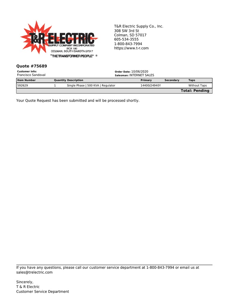 T&R Electric Supply Quote #75689 | PDF