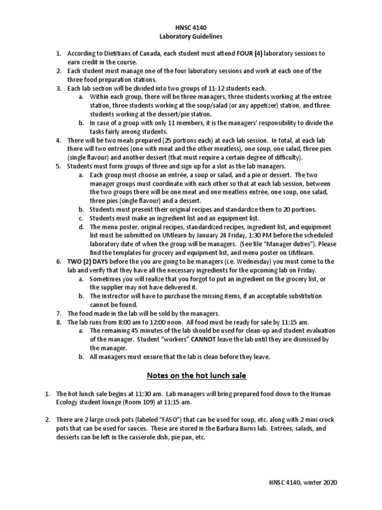 HNSC 4140 Lab Guidelines and Procedures | PDF | Entrée | Lunch
