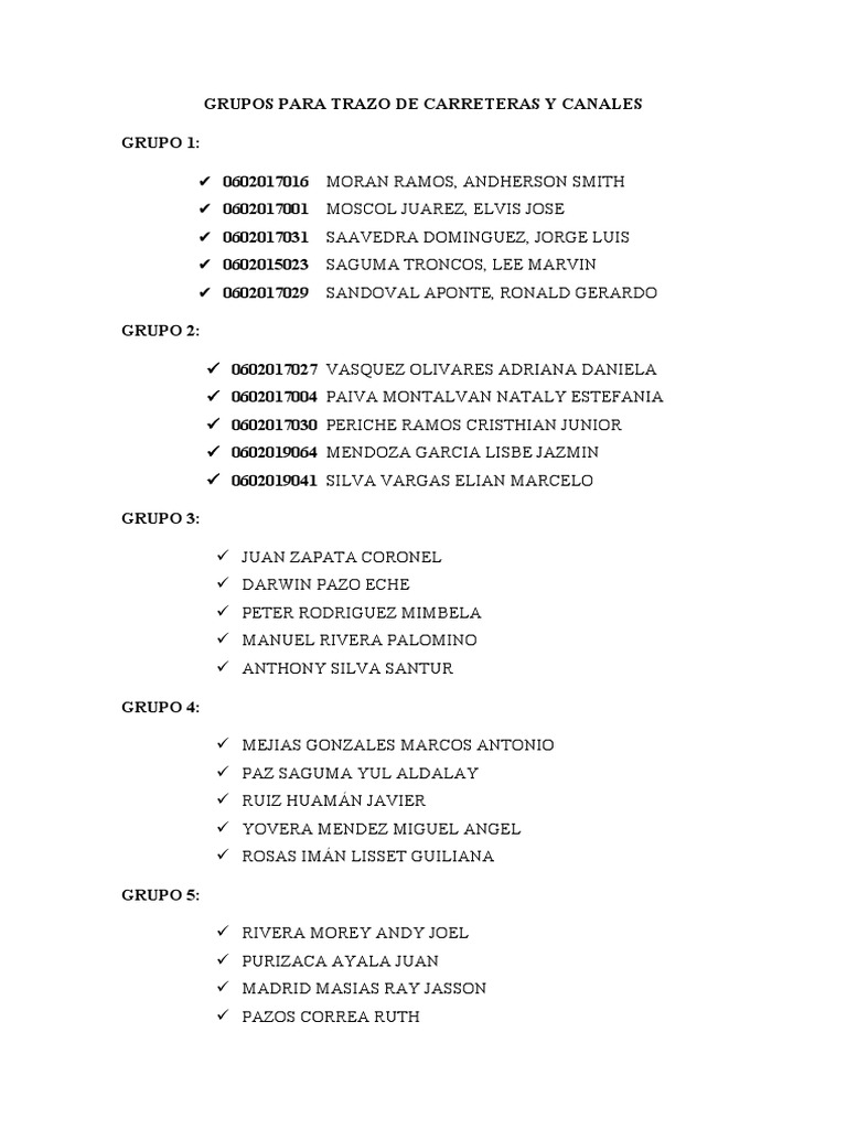 Grupos para El Curso de Trazos de Carreteras y Canales PDF
