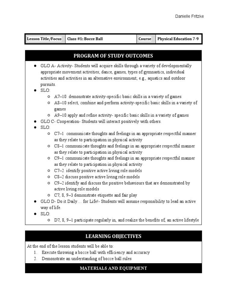 Bocce Lesson Plans Week 1 PDF Golf Course Physical Education