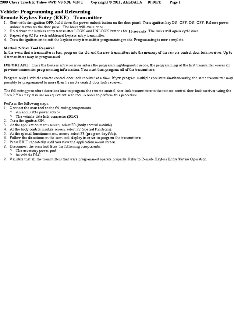 Vehicle Programming and Relearning Remote Keyless Entry (RKE