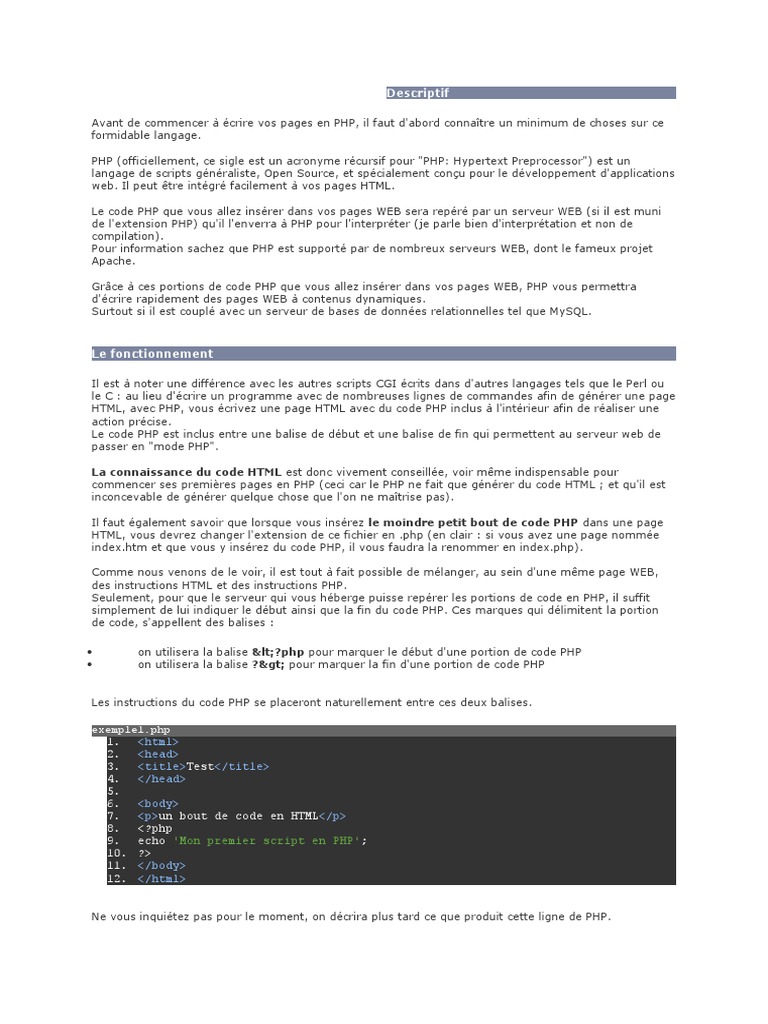 Introduction au PHP pour débutants | PDF | PHP | Html