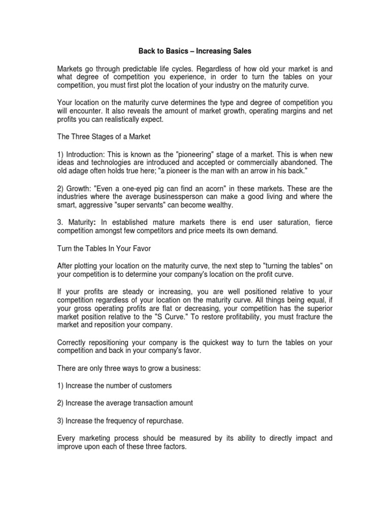 Back To Basics Increasing Sales PDF Sales Competition