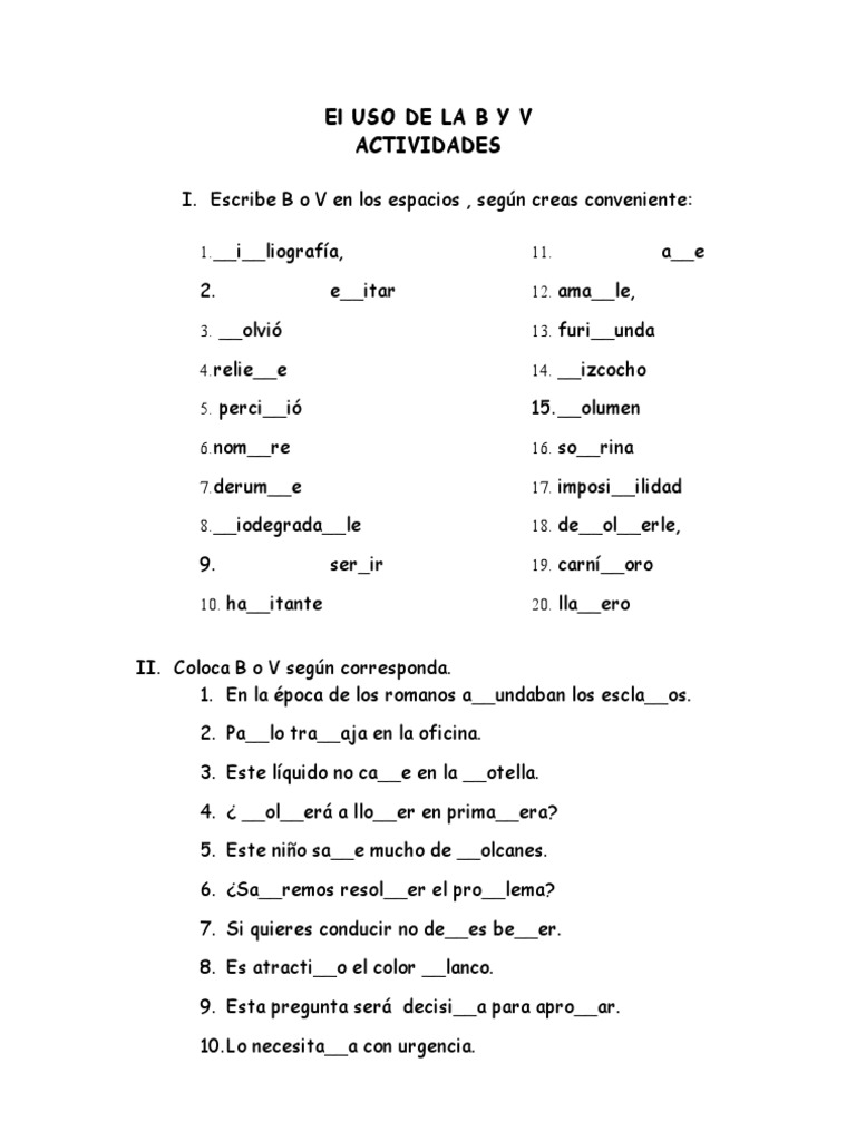Ejercicios de uso de B y V para primaria | PDF | Ajedrez | Juegos y ...
