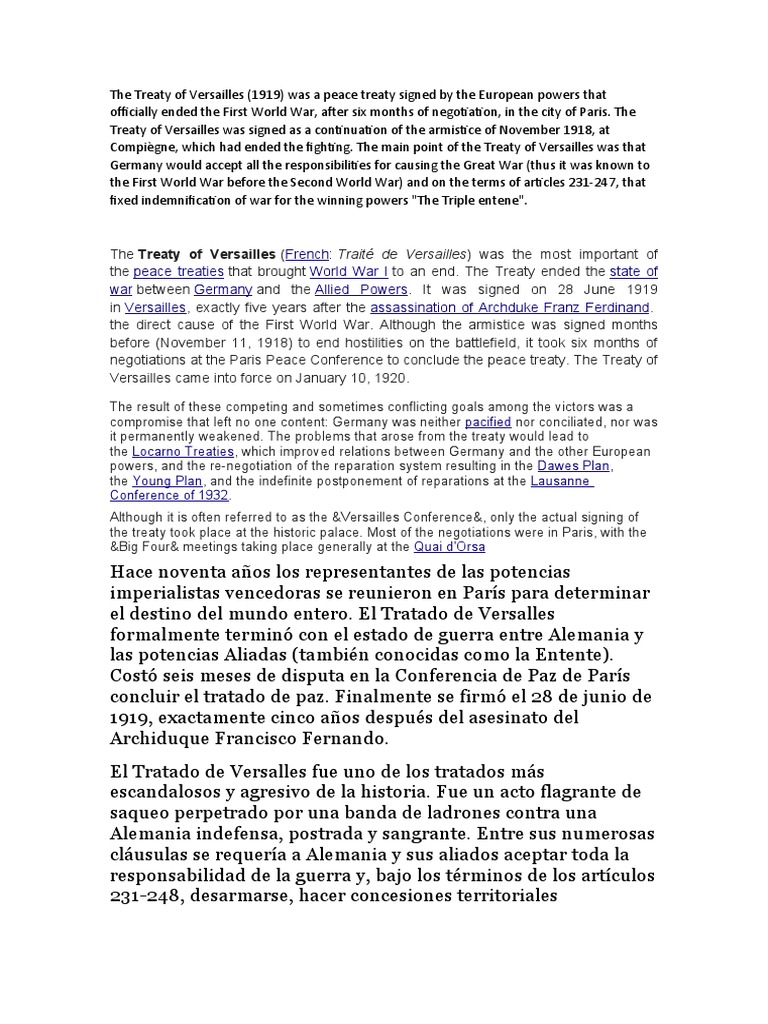 Tratado de Versalles PDF Treaty Of Versailles World War I