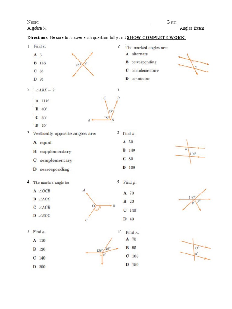 Lines and Angles Test PDF