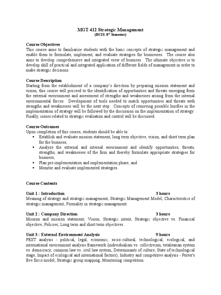 MGT 412 Strategic Management Course | PDF | Strategic Management | Business