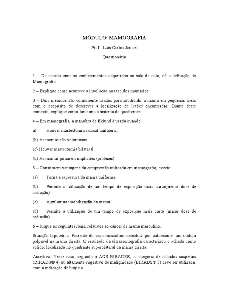 Questionário de Mamografia 2 | PDF | Câncer de mama | Seio