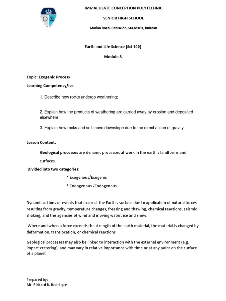 Module 8 Exogenic Process PDF | PDF | Weathering | Earth Sciences