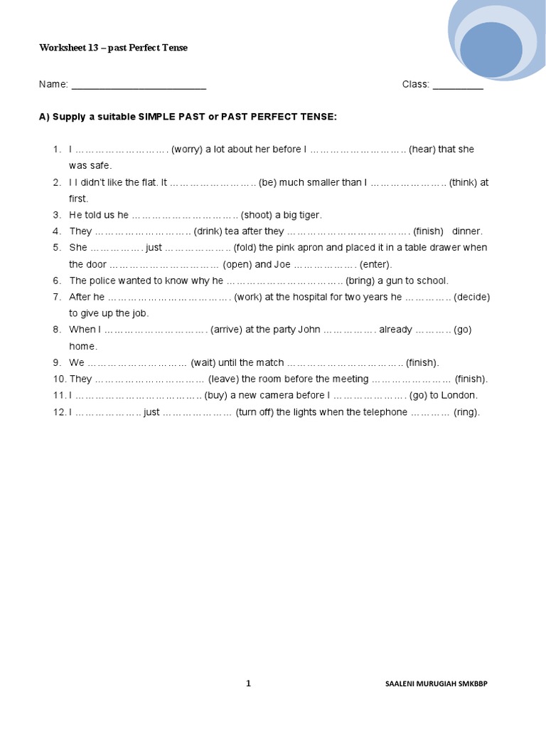 Worksheet 13 Past Perfect Tense | PDF