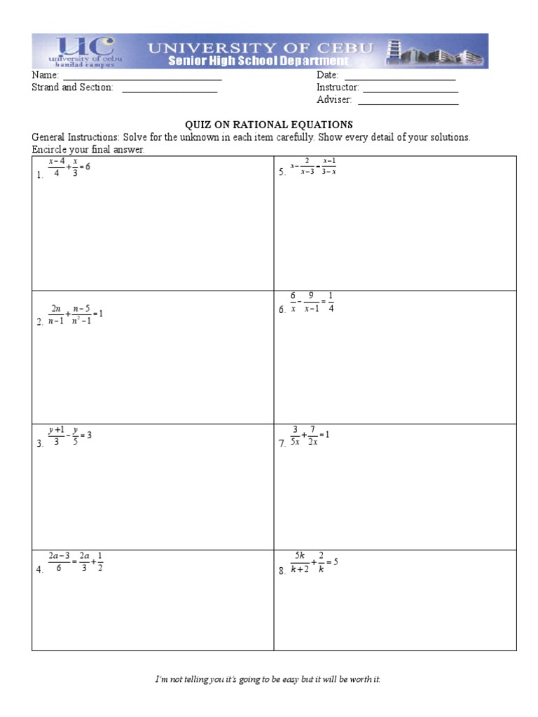 Quiz On Rational Equation | PDF