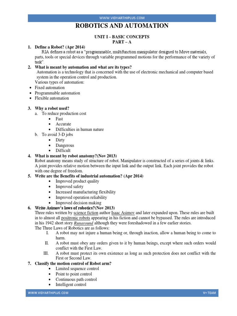 Robotics AutomationQuestion Bank PDF Cartesian Coordinate System