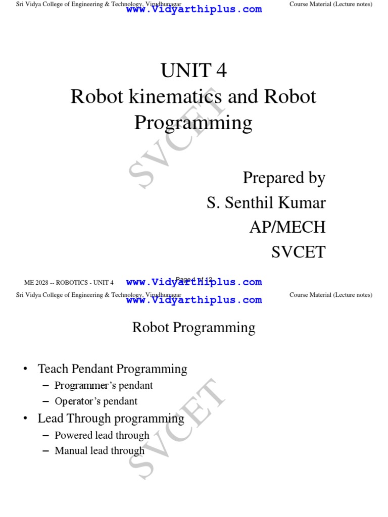 Unit 4 Robot Kinematics and Robot Programming: Svcet | PDF | Computer ...