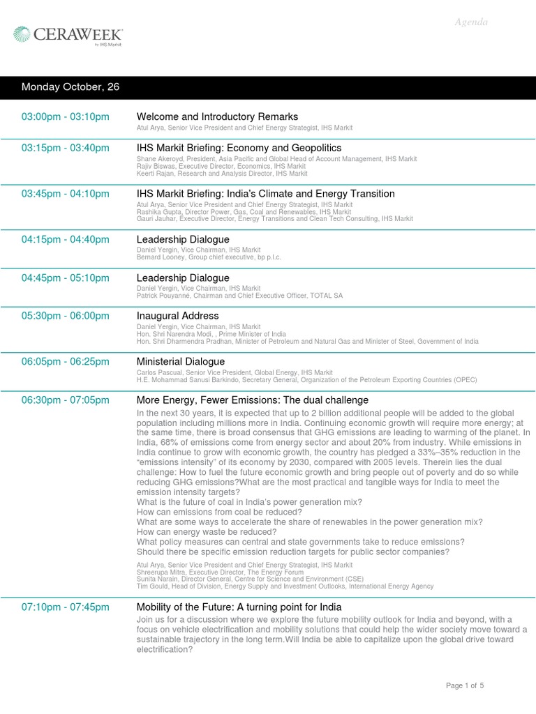 India Energy Forum 2020 by CERAWeek Agenda PDF Oil Refinery