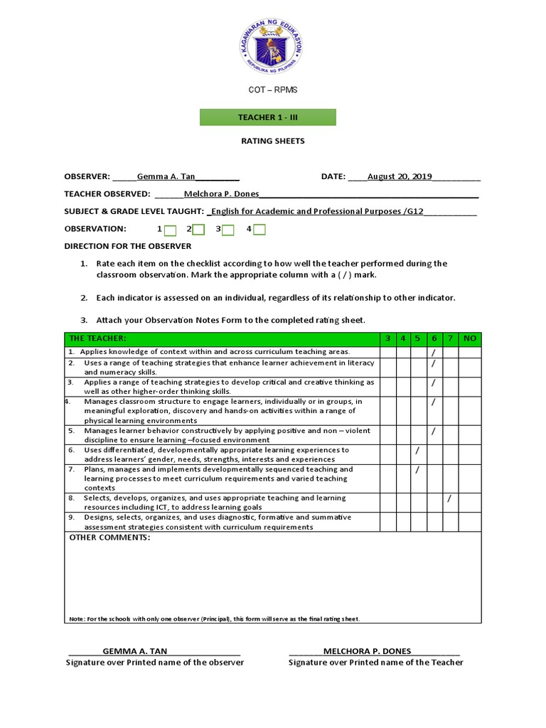 Cot Form 1 PDF Curriculum Educational Assessment