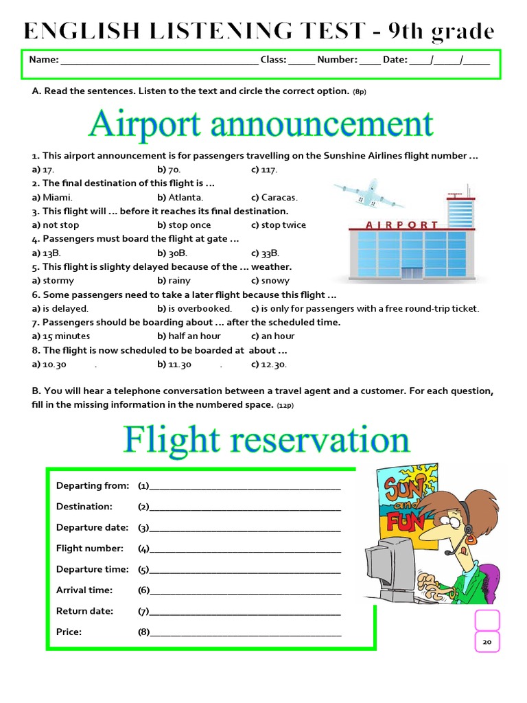 Listening Test At The Airport A2b1 9th Grade Information Gap Activities 102185 Pdf Airport Aviation