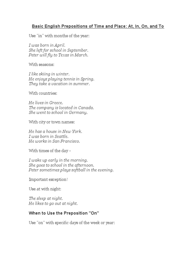 Basic English Prepositions of Time and Place: At, In, On, and To | PDF ...