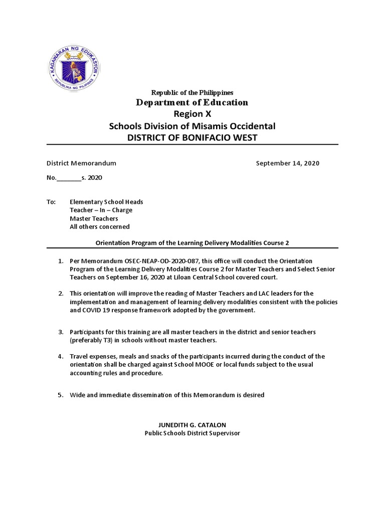 District Memo Orientation Program of The Learning Delivery Modalities