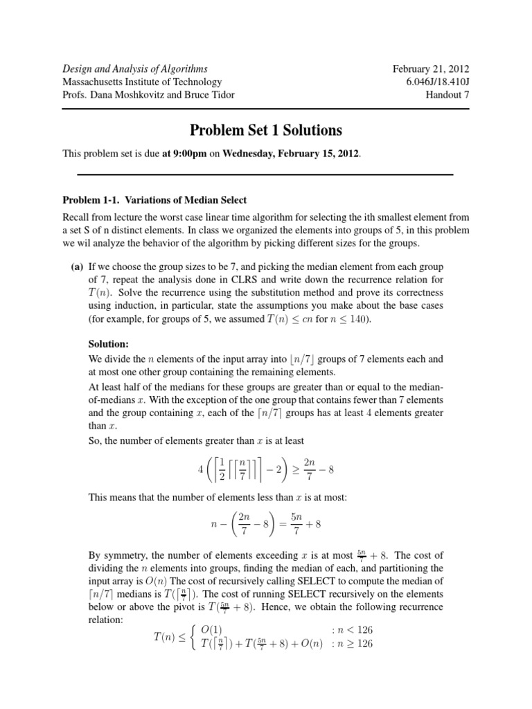 Problem Set 1 Solutions | PDF | Dynamic Programming | Time Complexity