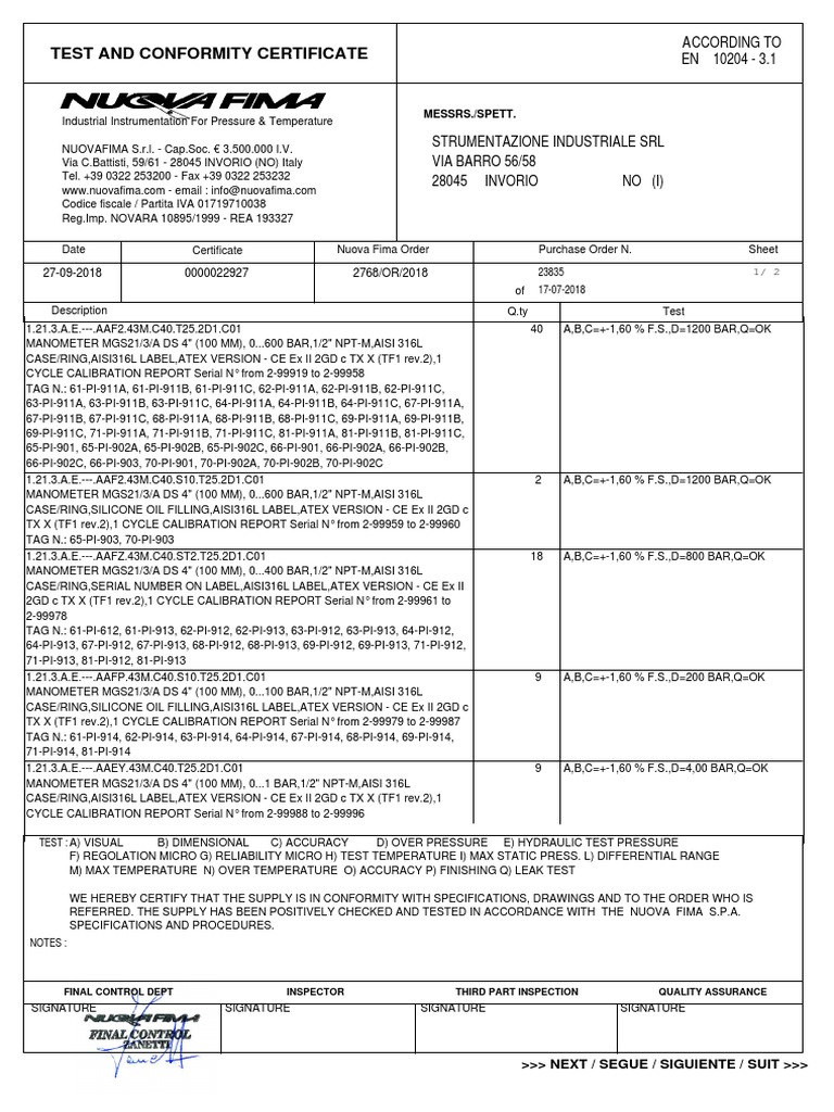 Pressure Gauge Pressure Certificate PDF Quality Business Process