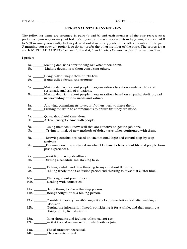 Personal Style Inventory Assessment | PDF | Thought | Metaphysics Of Mind