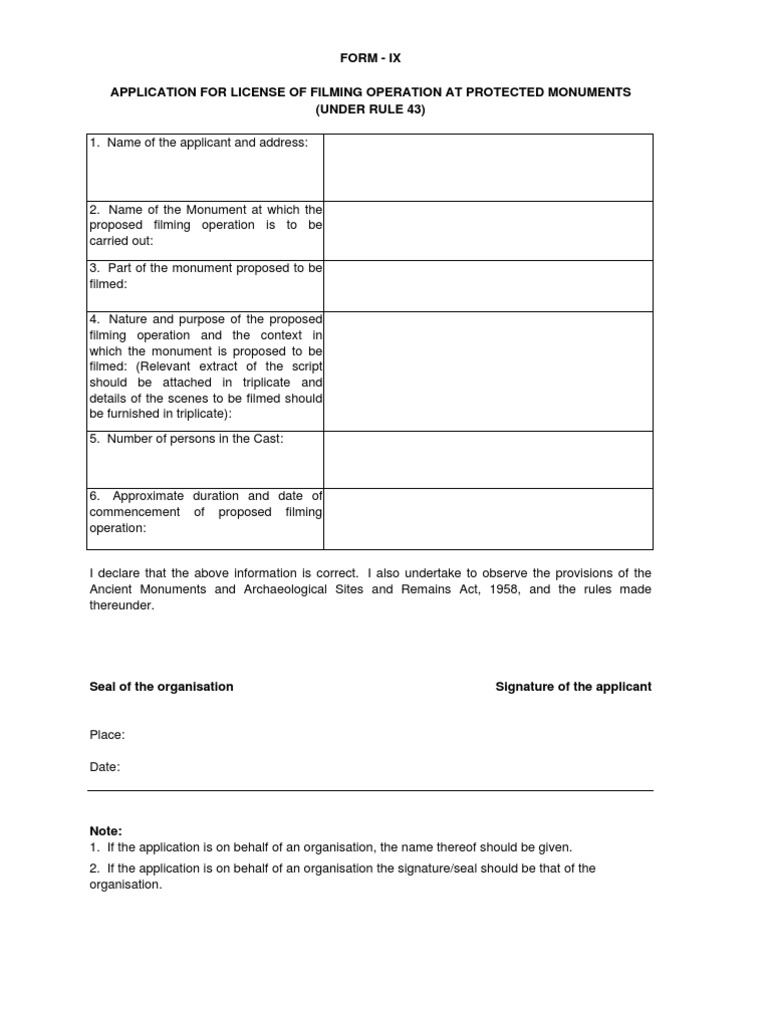 Application Form For Video or Photographic Shooting Permission at ...