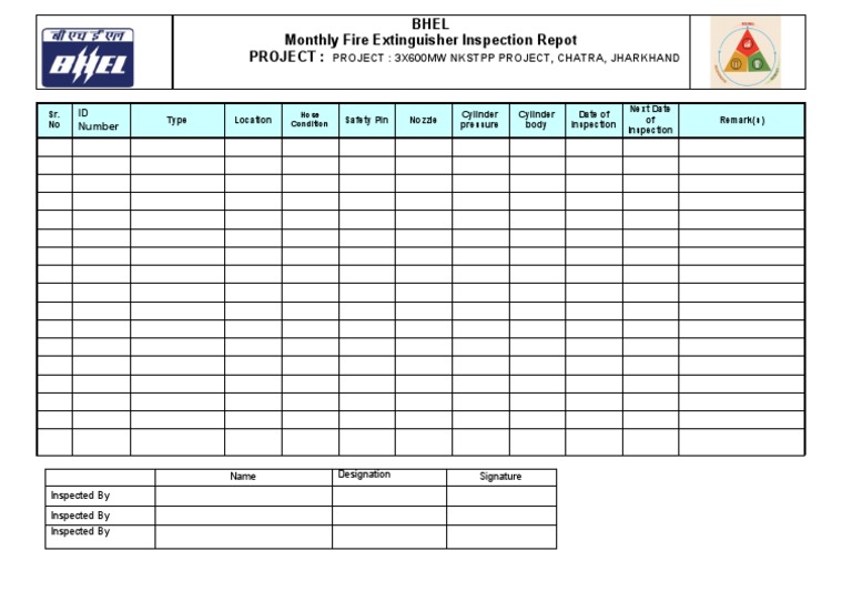 Bhel Fire Extinguishers Inspection Checklist