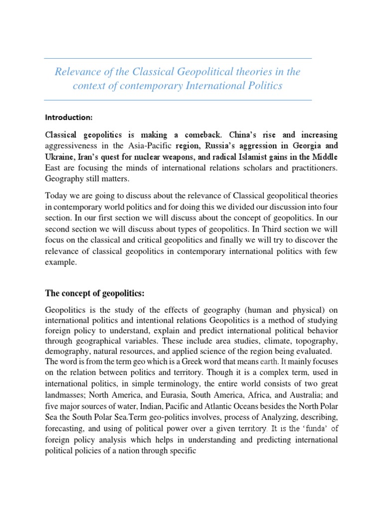 Classical Geopolitical Theories Today | PDF | Geopolitics | Global Politics