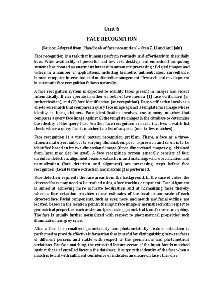 Unit 6 Face Recognition Pdf Face Artificial Intelligence