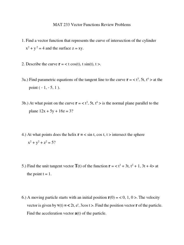 Vector Functions Review Problems | PDF