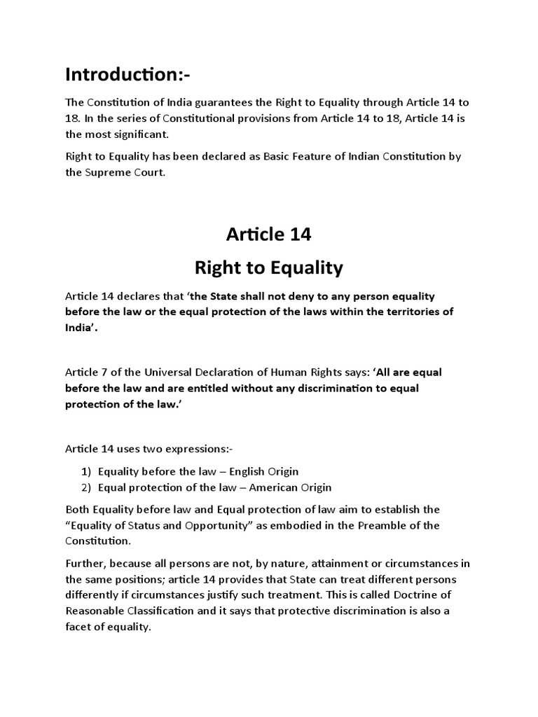 Article 14: Right to Equality in India | PDF | Equal Protection Clause ...