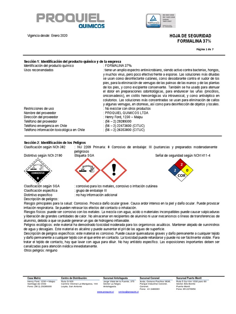 Hoja de Seguridad Formalina 37% | PDF | Hidrógeno | Formaldehído