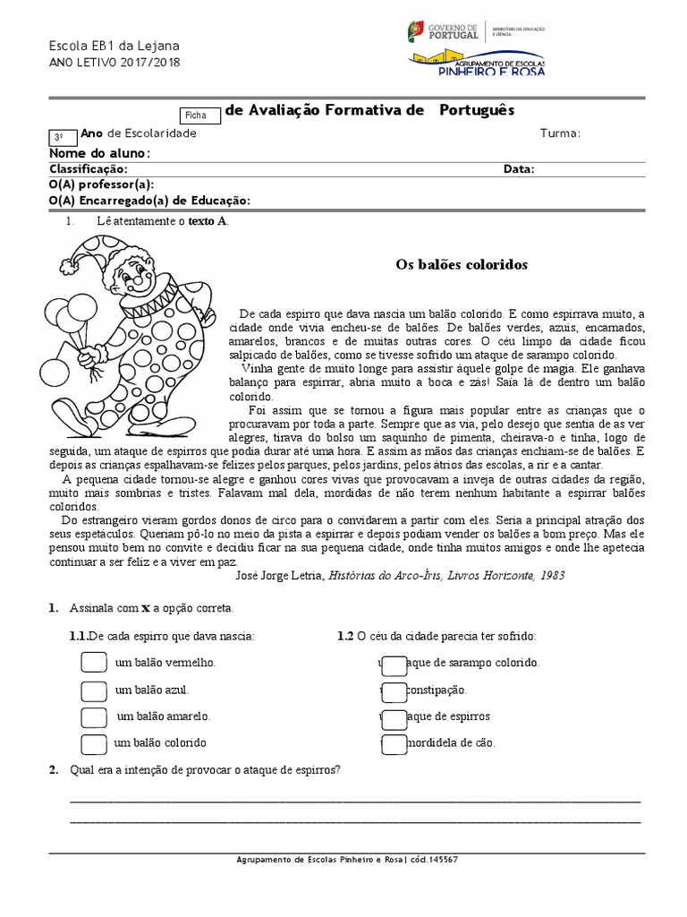 Fichas de Avaliação de Português 3º Ano | PDF | Festivais (incluindo ...