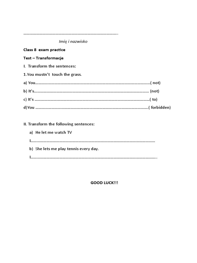 Class 8 Exam Practice: Sentence Transformations | PDF | Teaching ...