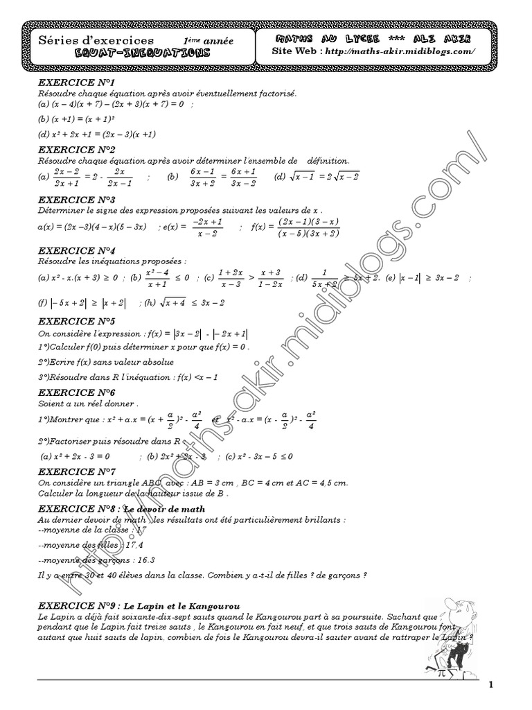 Série D'exercices - Math - Equations Inequations - 1ère As | PDF