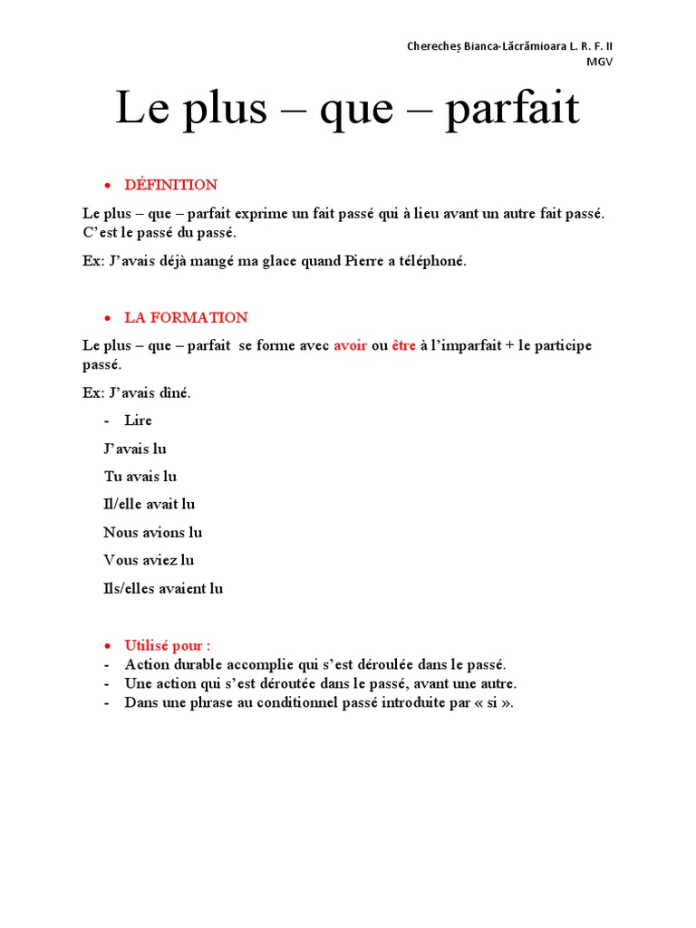 Devoir Plus Que Parfait Le Plus - Que - Parfait | PDF | Conjugaison | Typologie linguistique