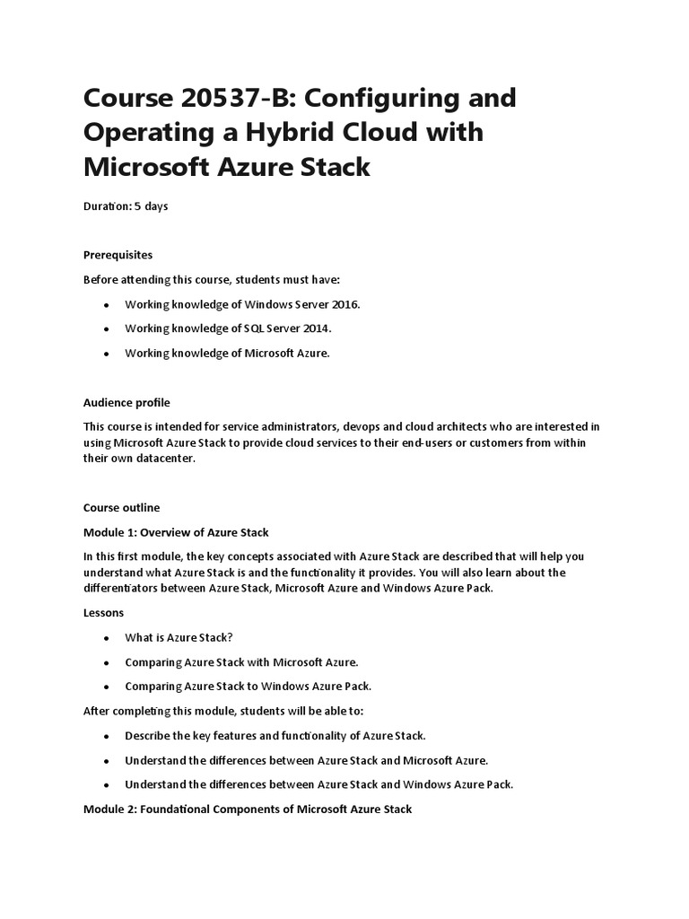 Hybrid Cloud with Azure Stack Course | PDF | Microsoft Azure | Platform ...