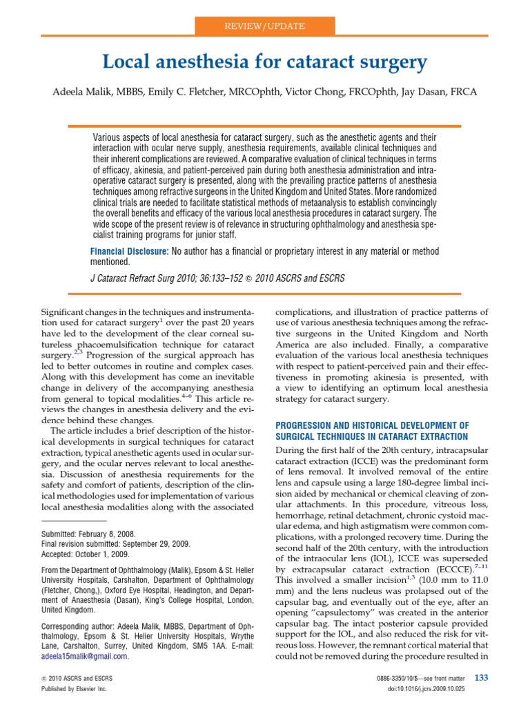 Local Anesthesia For Cataract Surgery PDF Anesthesia Surgery