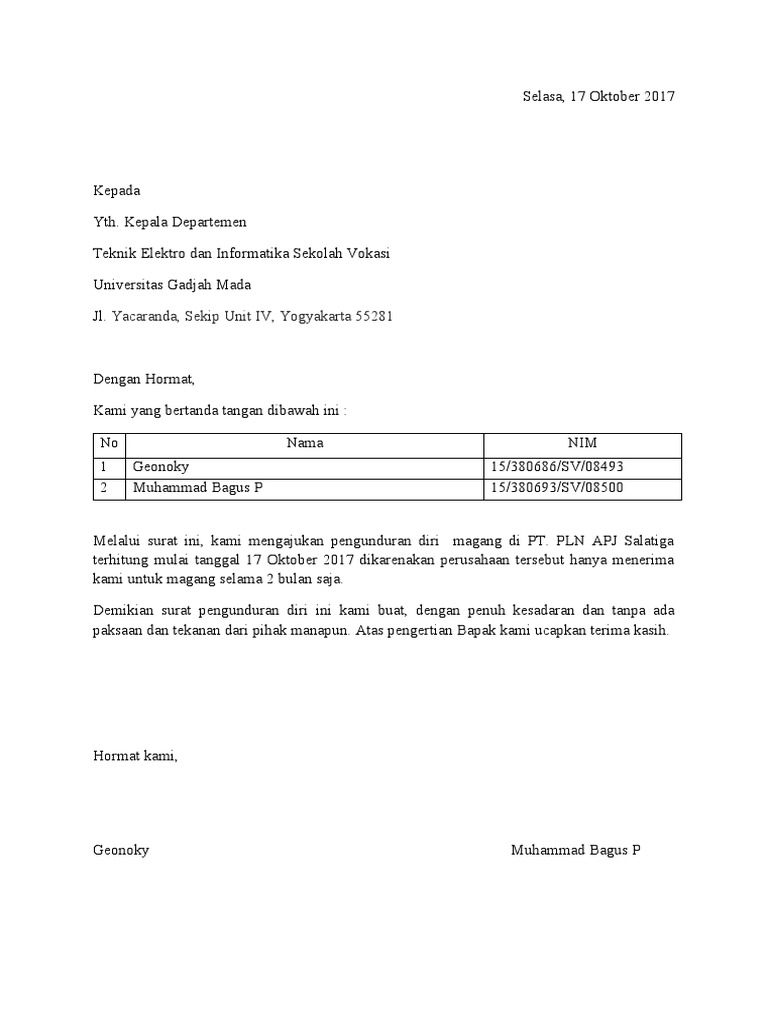 Surat Pengunduran Diri Magang | PDF