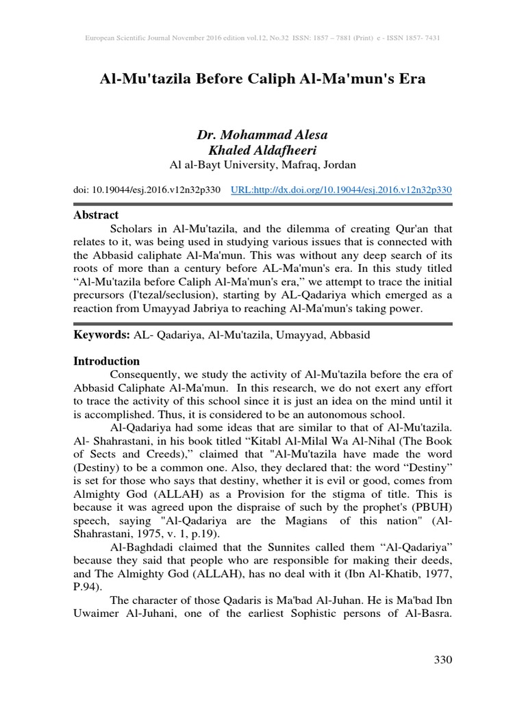 Al-Mu'tazila's Origins Pre-Al-Ma'mun | PDF | Caliphate | Abrahamic ...