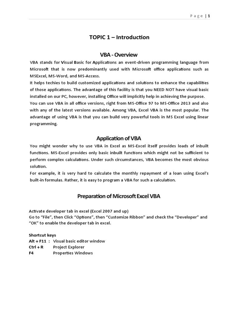 VBA - Overview: TOPIC 1 - Introduction | PDF | Visual Basic For ...
