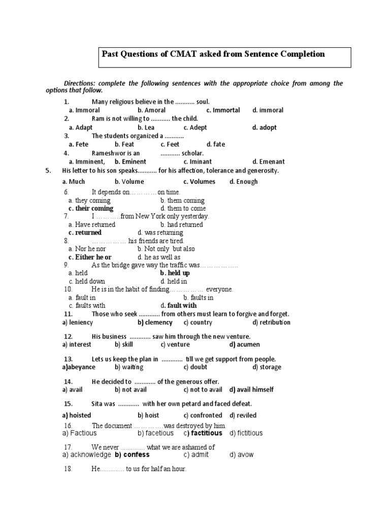 CMAT Sentence Completion Practice Questions | PDF