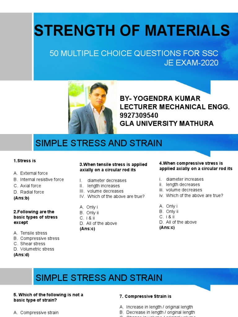 Strength of Materials 50 Multiple Choice Questions For SSC JE EXAM