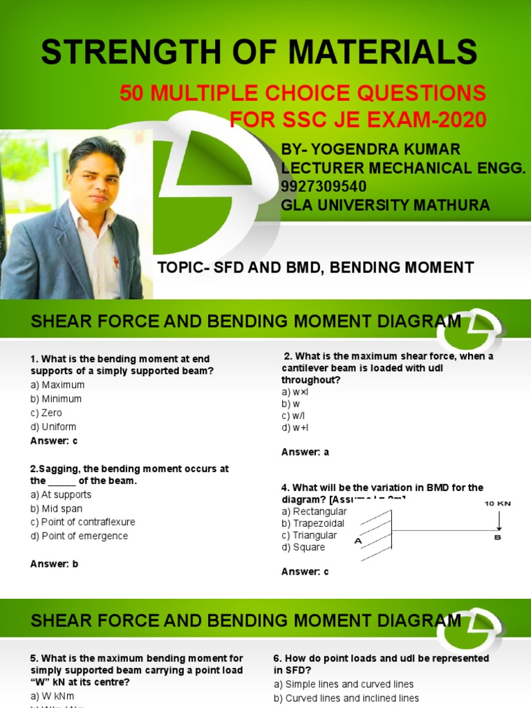 Strength of Materials 50 Multiple Choice Questions For SSC Je Exam2020 PDF Bending Beam