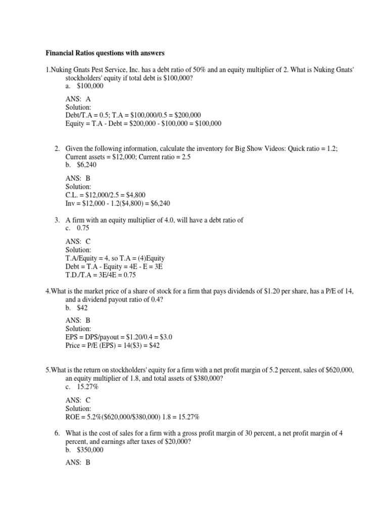Financial Ratios Questions With Answers Pdf Equity Finance Net Income