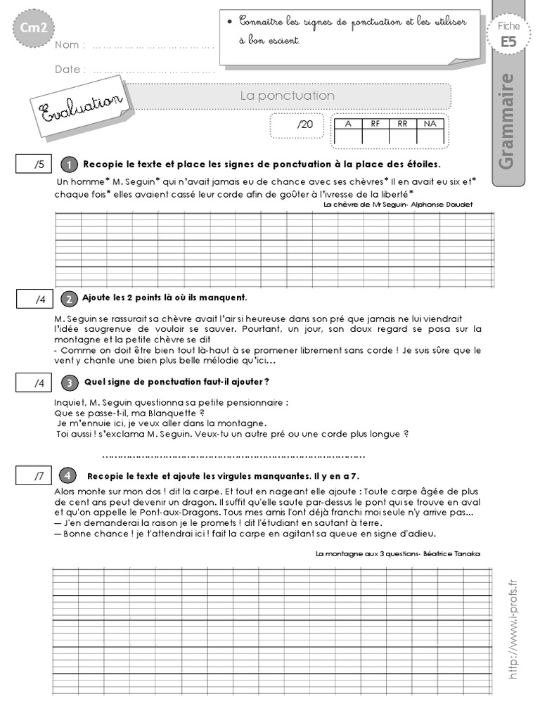 évaluation Grammaire Cm2 Avec Correction Pdf cm2 Evaluation Ponctuation PDF | PDF | Ponctuation | Orthographie