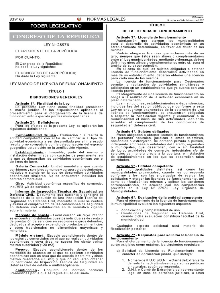 Ley Marco de Licencia de Funcionamiento | PDF | Perú | Conceptos legales