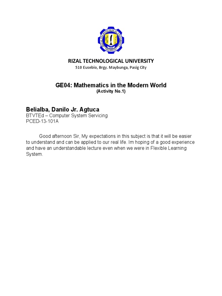 Rizal Technological University 510 Eusebio, Brgy. Maybunga, Pasig City