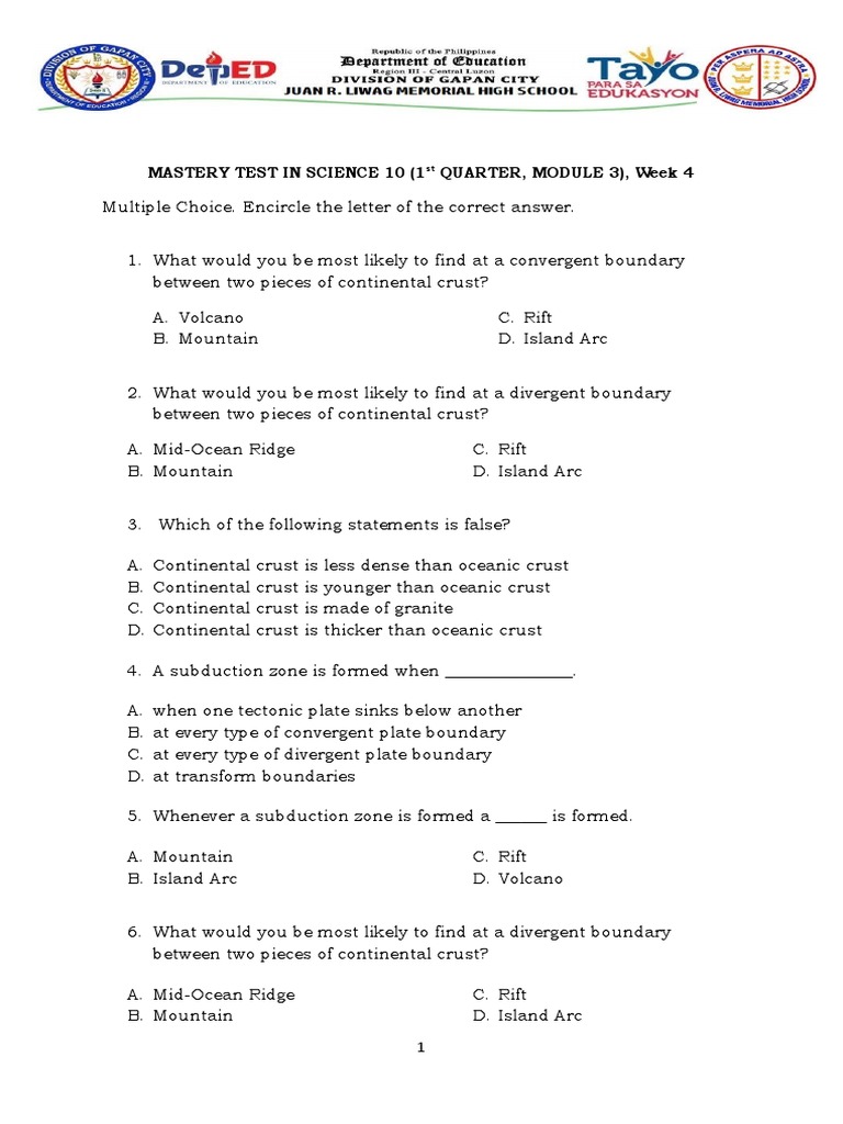 MASTERY TEST IN SCIENCE 10 Module 3 Week 4 Download Free PDF Plate Tectonics Structure Of