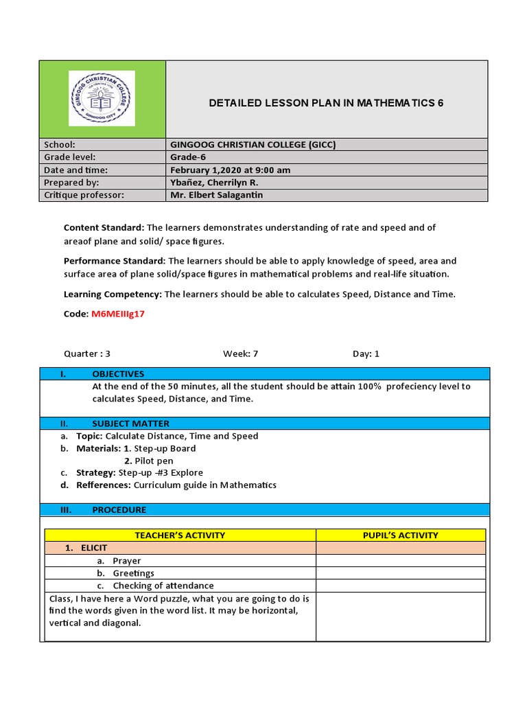 DETAILED LESSON PLAN IN MATHEMATICS 6 (CheChe) .. FINAL PDF Speed
